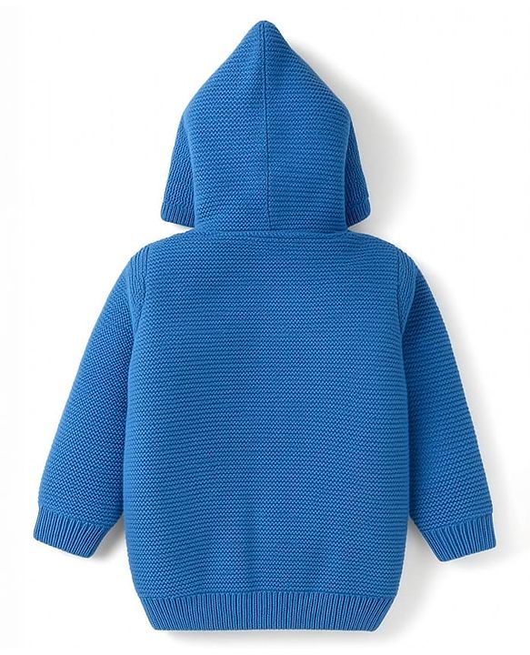 Babyhug Knit Full Sleeves Front Open Hooded Sweater Set with Paw Design - Blue