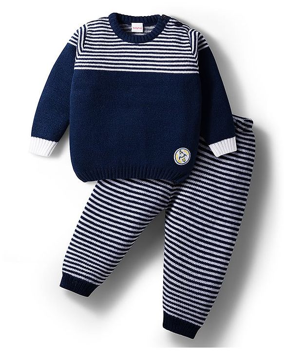 Babyhug Knit Full Sleeves Striped Sweater Set - Navy Blue