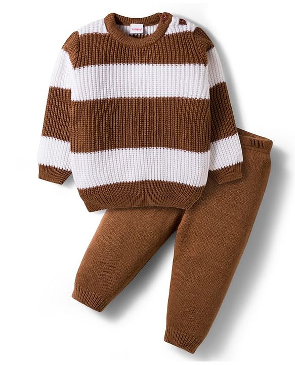 Babyhug Knit Full Sleeves Sweater Set With Stripes - Brown