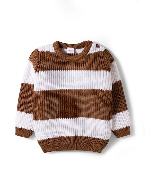 Babyhug Knit Full Sleeves Sweater Set With Stripes - Brown