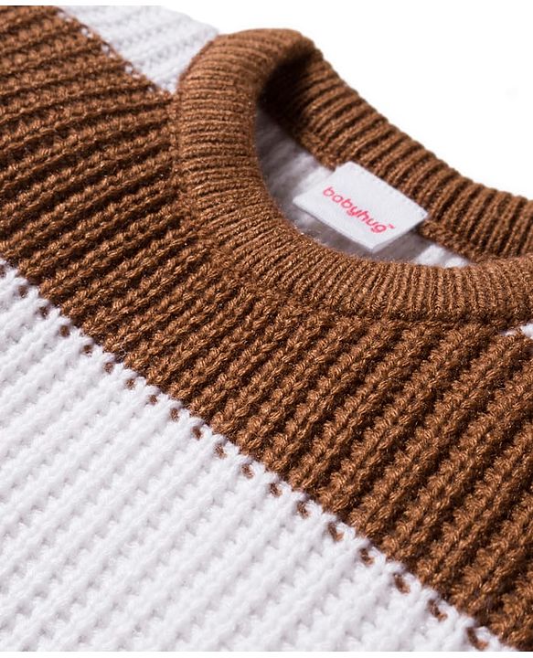 Babyhug Knit Full Sleeves Sweater Set With Stripes - Brown