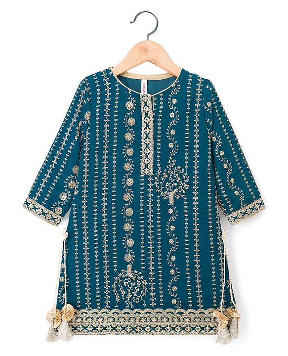 Babyhug Georgette Woven Three Fourth Sleeves Kurti Salwar with Dupatta Embroidery & Sequin Detailing - Navy Blue