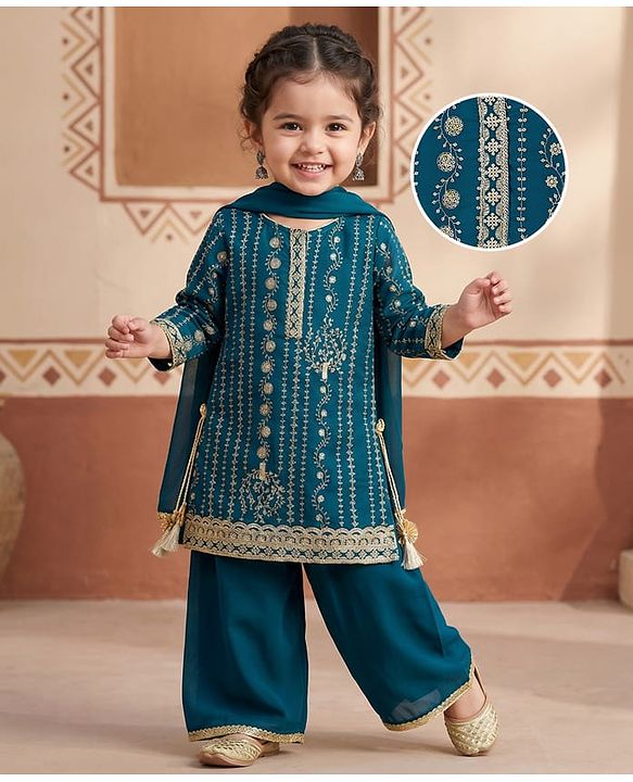 Babyhug Georgette Woven Three Fourth Sleeves Kurti Salwar with Dupatta Embroidery & Sequin Detailing - Navy Blue