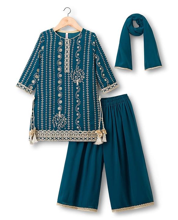 Babyhug Georgette Woven Three Fourth Sleeves Kurti Salwar with Dupatta Embroidery & Sequin Detailing - Navy Blue