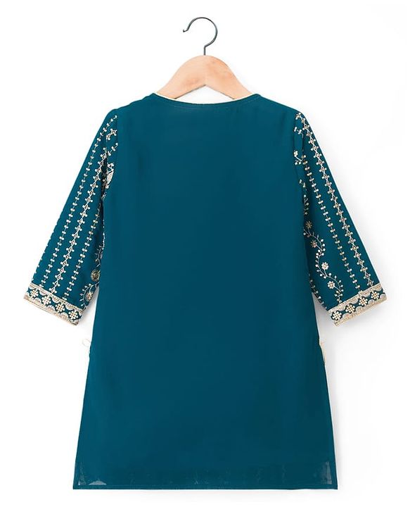 Babyhug Georgette Woven Three Fourth Sleeves Kurti Salwar with Dupatta Embroidery & Sequin Detailing - Navy Blue