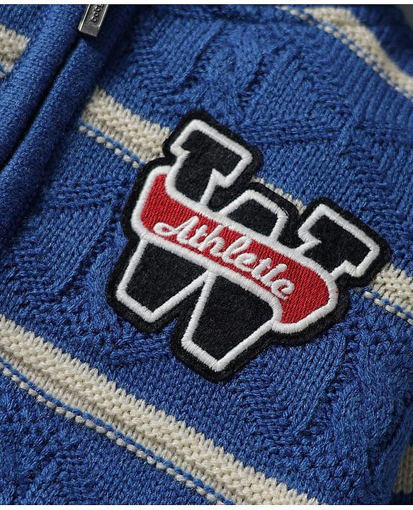 Babyhug Knit Full Sleeves Front Open Hooded Sweater with Cable Knit Design Stripes & Patch Detailing - Royal Blue