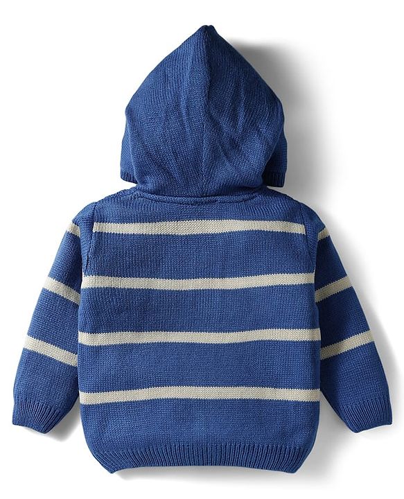 Babyhug Knit Full Sleeves Front Open Hooded Sweater with Cable Knit Design Stripes & Patch Detailing - Royal Blue