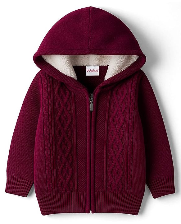 Babyhug Knit Full Sleeves Front Open Hooded Sweater With Cable Knit Design- Maroon