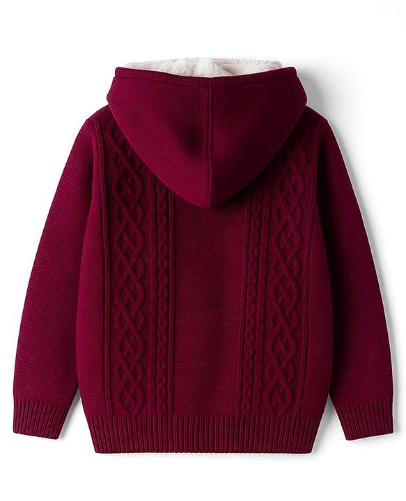 Babyhug Knit Full Sleeves Front Open Hooded Sweater With Cable Knit Design- Maroon