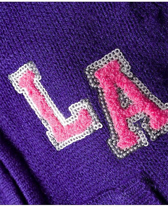 Babyhug Knitted Full Sleeves Hooded Front Open Sweater With LA Embroidery & Kangaroo Pockets - Purple