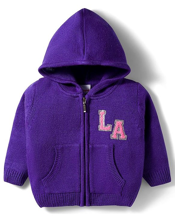 Babyhug Knitted Full Sleeves Hooded Front Open Sweater With LA Embroidery & Kangaroo Pockets - Purple