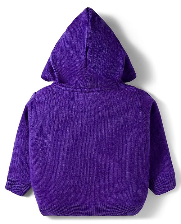 Babyhug Knitted Full Sleeves Hooded Front Open Sweater With LA Embroidery & Kangaroo Pockets - Purple