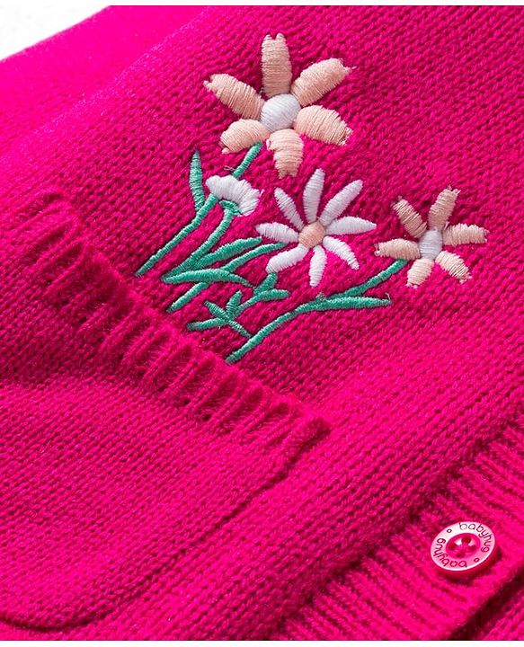 Babyhug Knit Full Sleeves Front Open Hooded Sweater with Floral Embroidery - Pink