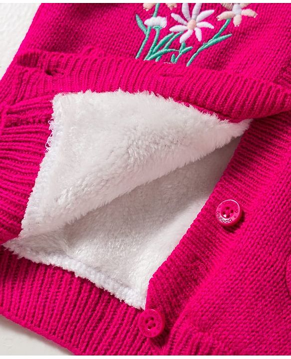 Babyhug Knit Full Sleeves Front Open Hooded Sweater with Floral Embroidery - Pink