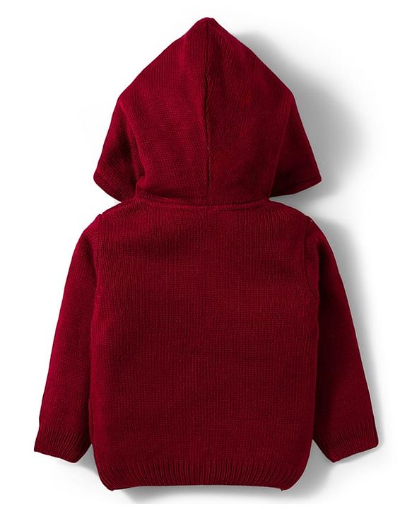 Babyhug Knit Full Sleeves Front Open Hooded Sweater with Cable Knit Design - Dark Red