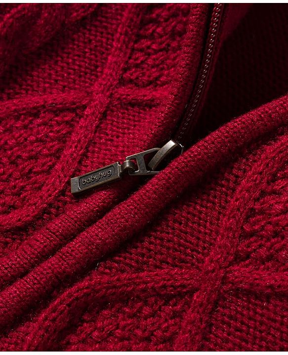 Babyhug Knit Full Sleeves Front Open Hooded Sweater with Cable Knit Design - Dark Red