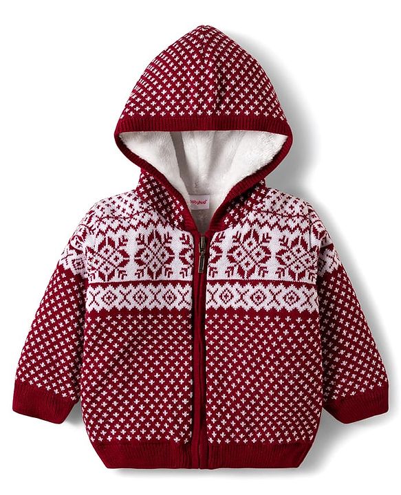 Babyhug Knit Full Sleeves Front Open Hooded Sweater With Aztec Design - Red