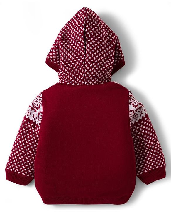 Babyhug Knit Full Sleeves Front Open Hooded Sweater With Aztec Design - Red