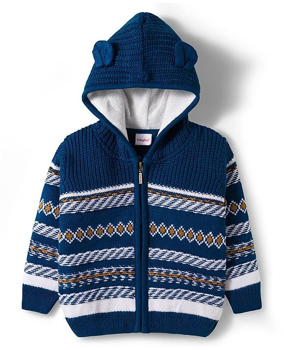 Babyhug Knit Full Sleeves Front Open Hooded Sweater with Aztec Design & Ear Applique - Navy Blue
