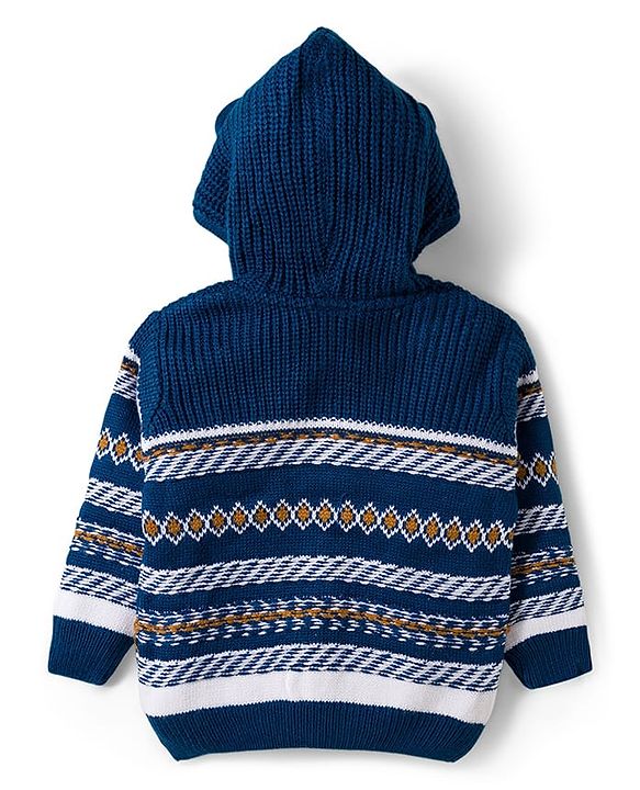 Babyhug Knit Full Sleeves Front Open Hooded Sweater with Aztec Design & Ear Applique - Navy Blue