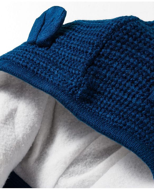 Babyhug Knit Full Sleeves Front Open Hooded Sweater with Aztec Design & Ear Applique - Navy Blue
