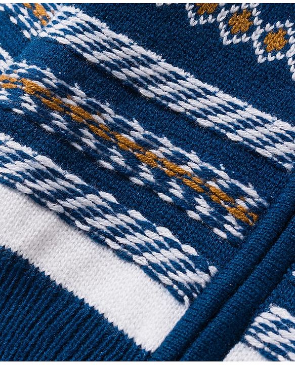 Babyhug Knit Full Sleeves Front Open Hooded Sweater with Aztec Design & Ear Applique - Navy Blue
