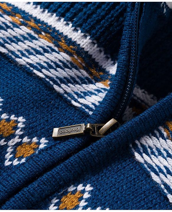 Babyhug Knit Full Sleeves Front Open Hooded Sweater with Aztec Design & Ear Applique - Navy Blue
