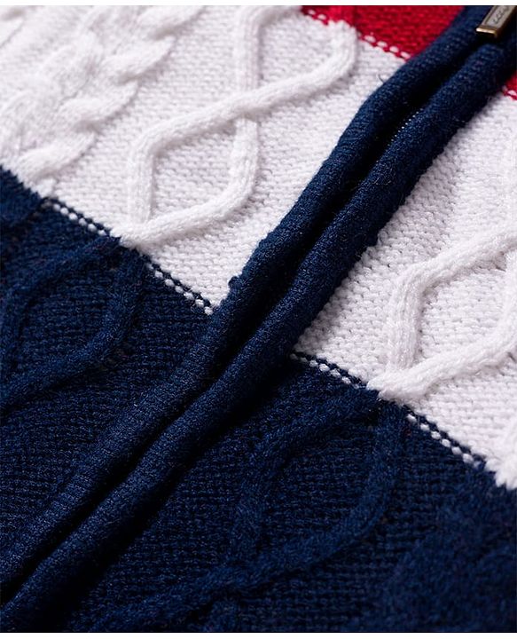 Babyhug Woven Full Sleeves Hooded Front Open Sweater With Color Block & Cable Knit Design - Red White & Navy Blue