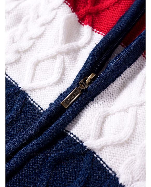 Babyhug Woven Full Sleeves Hooded Front Open Sweater With Color Block & Cable Knit Design - Red White & Navy Blue