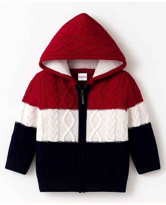 Babyhug Woven Full Sleeves Hooded Front Open Sweater With Color Block & Cable Knit Design - Red White & Navy Blue