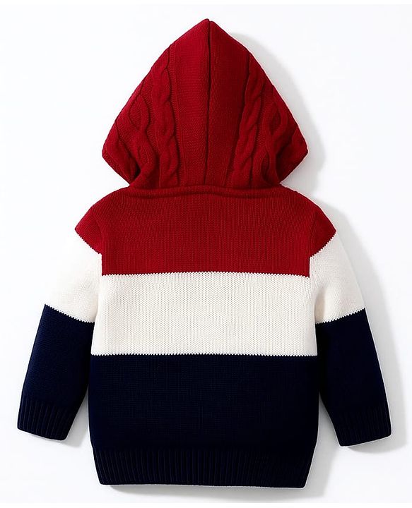 Babyhug Woven Full Sleeves Hooded Front Open Sweater With Color Block & Cable Knit Design - Red White & Navy Blue
