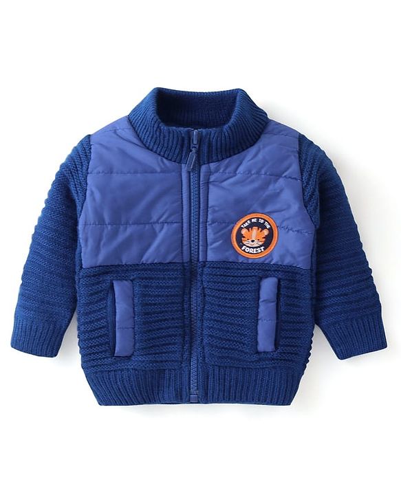 Babyhug Knit Full Sleeves Front Open Sweater with Animal Badge - Blue