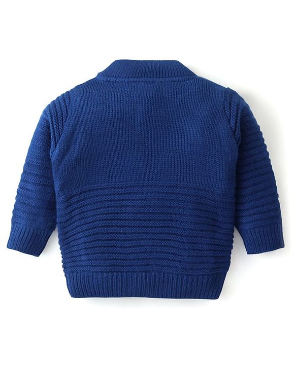 Babyhug Knit Full Sleeves Front Open Sweater with Animal Badge - Blue