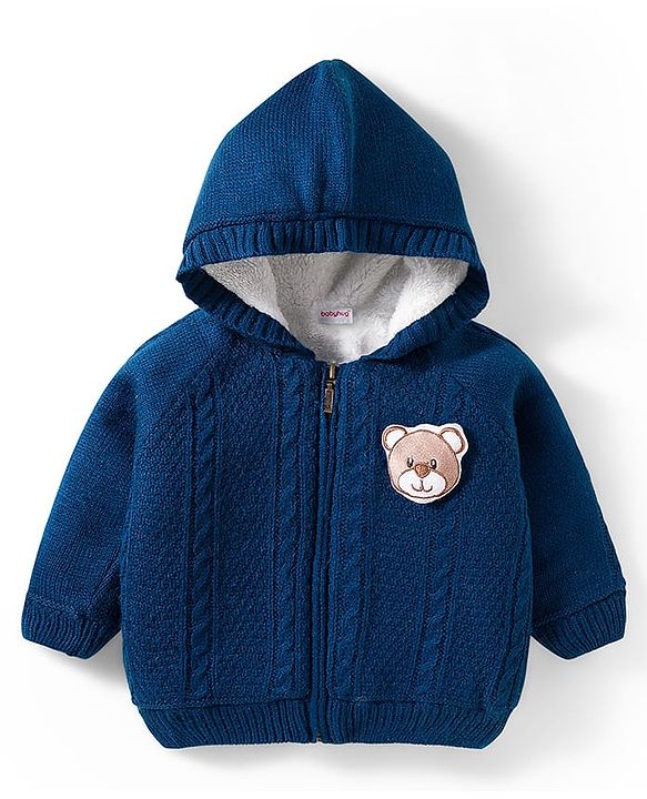 Babyhug Knit Full Raglan Sleeves Front Open Hooded Sweater with Cable Knit Design & Bear Applique - Navy Blue