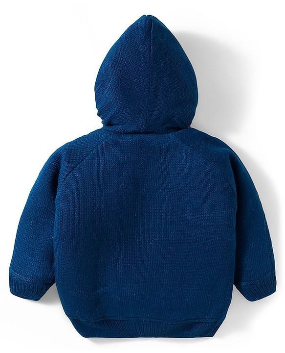 Babyhug Knit Full Raglan Sleeves Front Open Hooded Sweater with Cable Knit Design & Bear Applique - Navy Blue