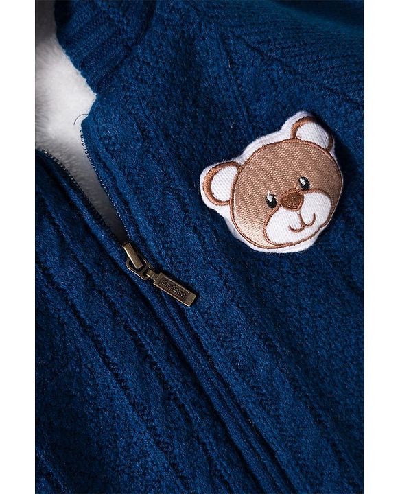 Babyhug Knit Full Raglan Sleeves Front Open Hooded Sweater with Cable Knit Design & Bear Applique - Navy Blue