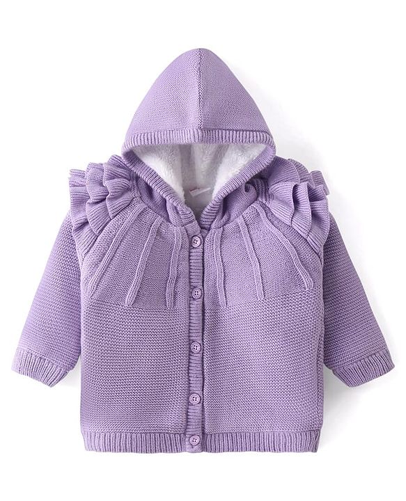 Babyhug Knit Full Sleeves Solid Color Hooded Front Open Sweater with Frill Detailing - Lavender