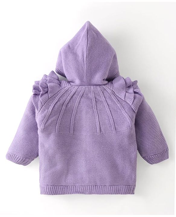 Babyhug Knit Full Sleeves Solid Color Hooded Front Open Sweater with Frill Detailing - Lavender