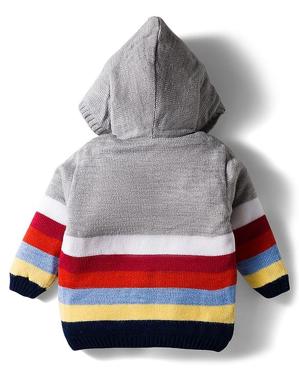 Babyhug Knit Full Sleeves Front Open Hooded Sweater with Color Block & Ear Applique - Grey