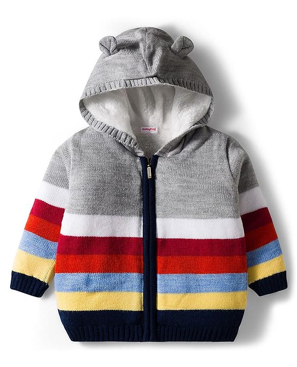 Babyhug Knit Full Sleeves Front Open Hooded Sweater with Color Block & Ear Applique - Grey
