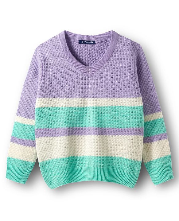 Pine Kids Knitted Full Sleeves Striped Pullover Sweater - Purple