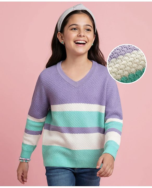 Pine Kids Knitted Full Sleeves Striped Pullover Sweater - Purple
