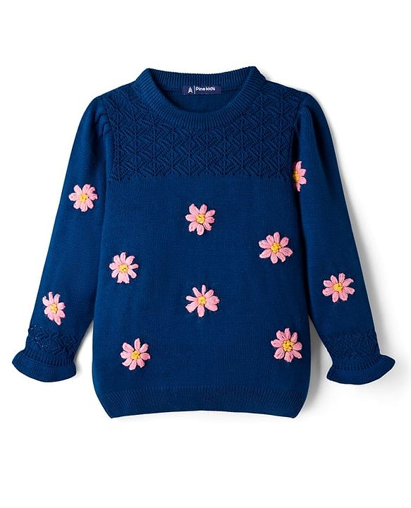 Pine Kids Knit Full Sleeves Pullover Sweater with Floral Embroidery - Navy Blue