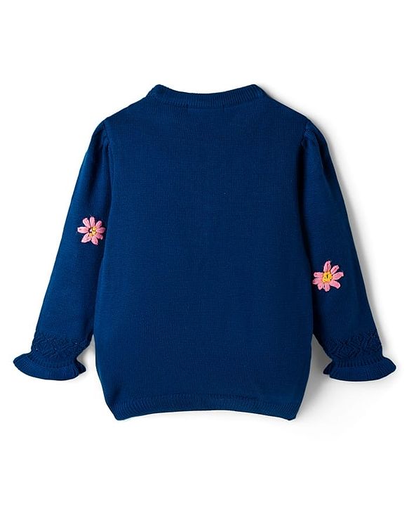 Pine Kids Knit Full Sleeves Pullover Sweater with Floral Embroidery - Navy Blue