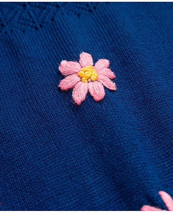 Pine Kids Knit Full Sleeves Pullover Sweater with Floral Embroidery - Navy Blue