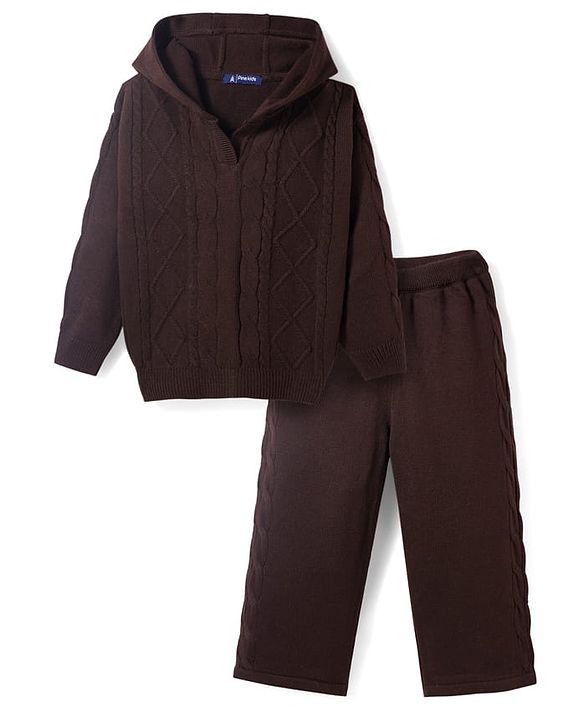 Pine Kids Knit Full Sleeves Hooded Sweater Set With Cable Knit Design - Brown