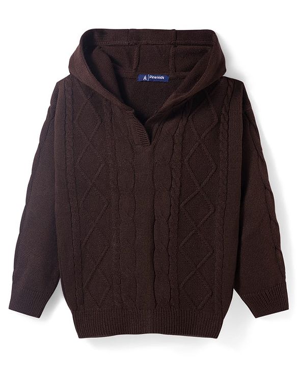 Pine Kids Knit Full Sleeves Hooded Sweater Set With Cable Knit Design - Brown