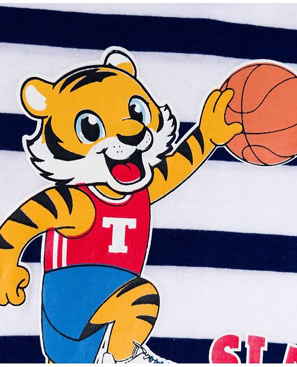 Babyhug 100% Cotton Knit Full Sleeves Striped T-Shirt with Tiger Graphic - White & Navy Blue