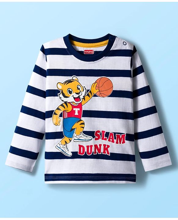 Babyhug 100% Cotton Knit Full Sleeves Striped T-Shirt with Tiger Graphic - White & Navy Blue