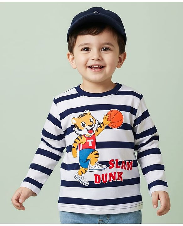 Babyhug 100% Cotton Knit Full Sleeves Striped T-Shirt with Tiger Graphic - White & Navy Blue